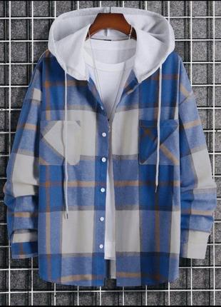 Куртка рубашка с капюшоном кашемировая на пуговицах с карманами в клетку свободного прямого кроя6 фото