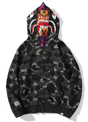 Чёрный худи bape tiger full zip black camo кофта с двойным капюшоном на молнии