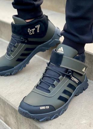 Зимові черевики у стилі adidas, кросівки на липучках, мужские зимние кроссовки, ботинки хаки из натуральной кожи