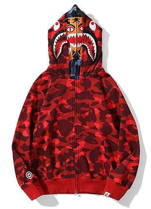 Красный худи bape tiger full zip black camo кофта с двойным капюшоном на молнии