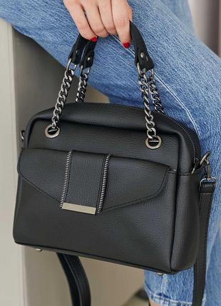 Чорна ділова сумочка через плече з довгими ручками модна сумка саквояж9 фото