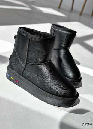 Стильні чорні зимові уггі жіночі,чоботи на зиму,з утеплювачем,екохутро,шкіряні/шкіра-жіноче взуття