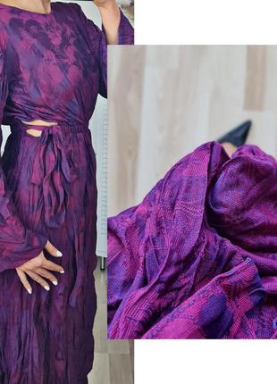 Розкішна міді сукня жакардова zara максі сукня з жатим єффектом малинова сукня фіолетова сукня з довгим рукавом трапеція3 фото