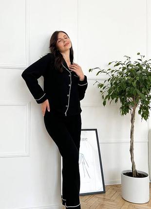 Піжама муслін рубашка і штани, чорна піжама з мусліну сорочка зі штанами, мусліновий костюм4 фото