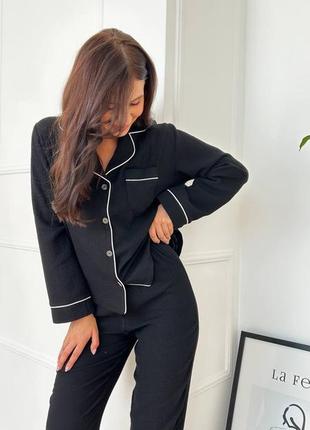 Піжама муслін рубашка і штани, чорна піжама з мусліну сорочка зі штанами, мусліновий костюм8 фото