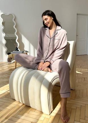 Піжама муслін рубашка і штани, чорна піжама з мусліну сорочка зі штанами, мусліновий костюм6 фото