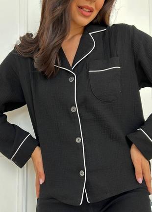 Піжама муслін рубашка і штани, чорна піжама з мусліну сорочка зі штанами, мусліновий костюм7 фото