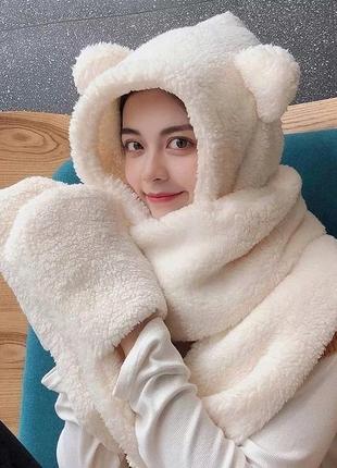 Шапка-шарф с ушками 3 в 1 (мишка, медведь, капюшон, варежки) с карманами бежевая, унисекс6 фото