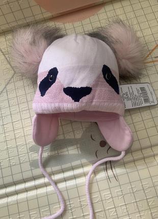 Шапка зимова з вушками для дівчинки панда рожева