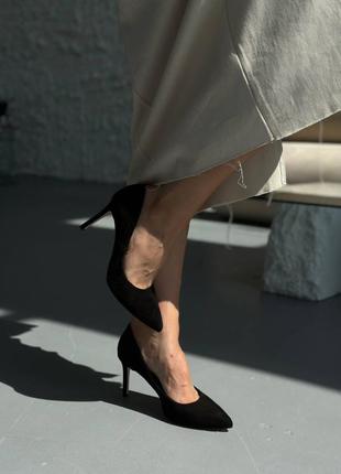 Классические черные туфли лодочки женские, лодочки,на высоком каблуке, демисезон,велюровые,женская обувь6 фото