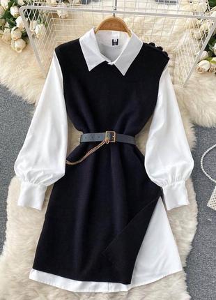 Женский элегантный люксовый комплект белая рубашка + черный жилет тренд осень весна 2023