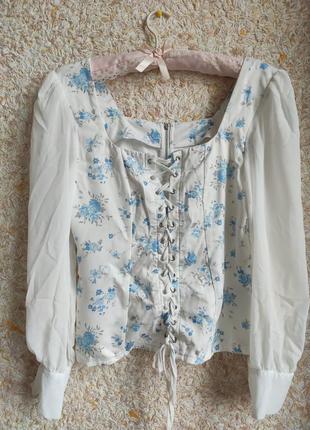 Белая блуза нарядная красивая блузка с цветами корсет на шнуровке винтаж shein2 фото