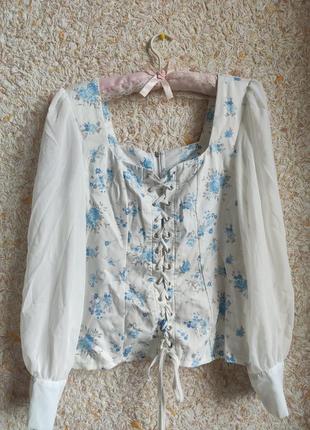 Белая блуза нарядная красивая блузка с цветами корсет на шнуровке винтаж shein8 фото