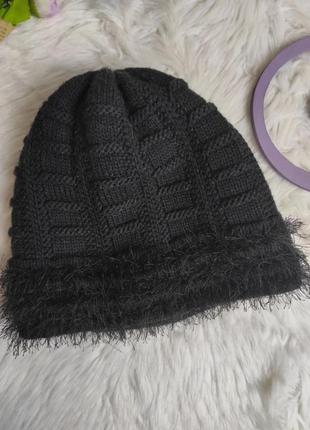 Жіноча зимова шапка agbo в'язана чорна подвійна з травкою2 фото