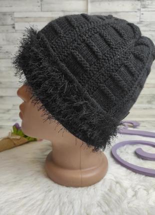 Жіноча зимова шапка agbo в'язана чорна подвійна з травкою6 фото
