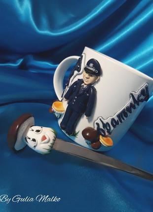 Чашка з поліцейським - грибником і ложка2 фото
