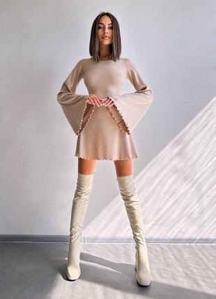 Платье мини в рубчик со шнуровкой, платье мини с длинными рукавами