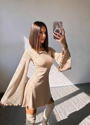 Платье мини в рубчик со шнуровкой, платье мини с длинными рукавами