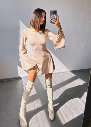 Платье мини в рубчик со шнуровкой, платье мини с длинными рукавами