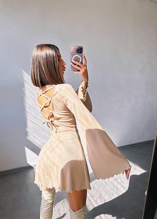 Платье мини в рубчик со шнуровкой, платье мини с длинными рукавами