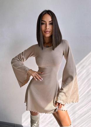 Платье мини в рубчик со шнуровкой, платье мини с длинными рукавами