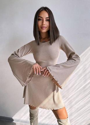 Платье мини в рубчик со шнуровкой, платье мини с длинными рукавами