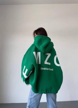 Оверсайз худи трикотажный на флисе утепленный с капюшоном свободного кроя с кулиской принтом надписями