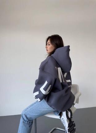 Оверсайз худи трикотажный на флисе утепленный с капюшоном свободного кроя с кулиской принтом надписями5 фото