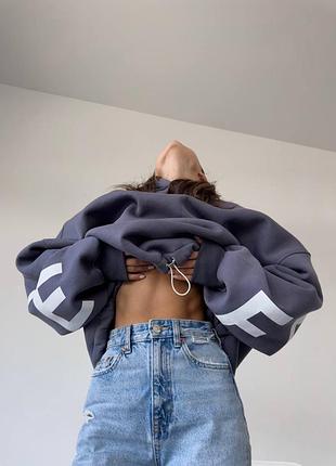 Оверсайз худи трикотажный на флисе утепленный с капюшоном свободного кроя с кулиской принтом надписями