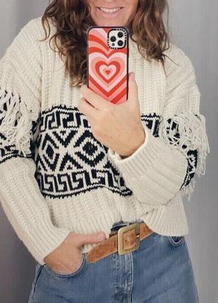 H&m трикотажний светр із рукавами з етнічним малюнком і китицями