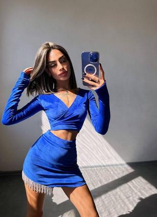 Оксамитовий комплект зі спідницею декорований бахромою зі страз, вечірній костюм зі спідницею