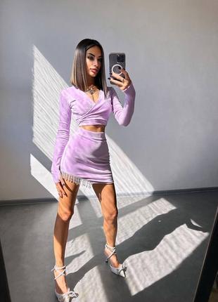 Оксамитовий комплект зі спідницею декорований бахромою зі страз, вечірній костюм зі спідницею7 фото