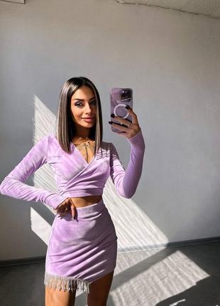 Оксамитовий комплект зі спідницею декорований бахромою зі страз, вечірній костюм зі спідницею8 фото