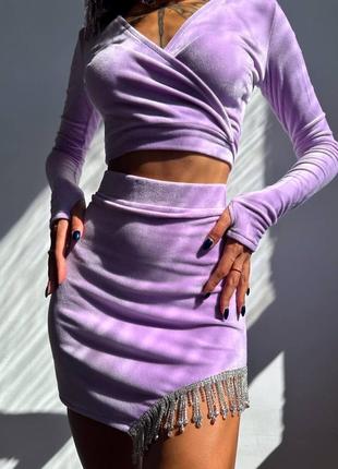 Оксамитовий комплект зі спідницею декорований бахромою зі страз, вечірній костюм зі спідницею2 фото