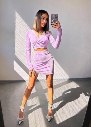 Оксамитовий комплект зі спідницею декорований бахромою зі страз, вечірній костюм зі спідницею6 фото