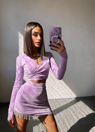 Оксамитовий комплект зі спідницею декорований бахромою зі страз, вечірній костюм зі спідницею5 фото