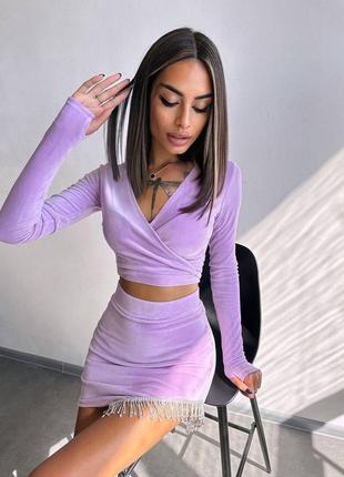 Оксамитовий комплект зі спідницею декорований бахромою зі страз, вечірній костюм зі спідницею10 фото