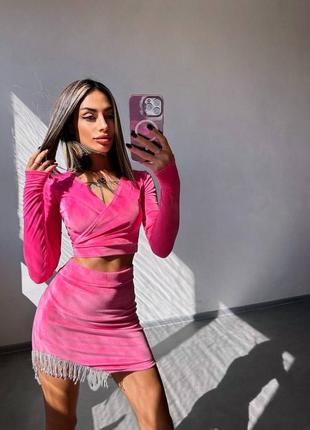 Оксамитовий комплект зі спідницею декорований бахромою зі страз, вечірній костюм зі спідницею