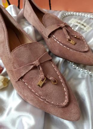 Замшевые пудровые розовые балетки туфли с длинным носиком эко замша6 фото