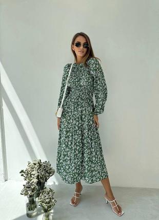Сукня міді оливкова з квітковим принтом на довгий рукав оверсайз якісна стильна трендова