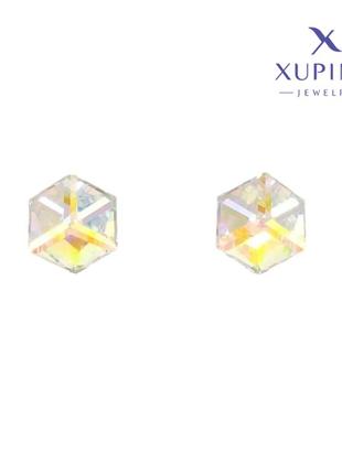 Сережки xuping родій з кр-ми swarovski пусети "кристальні кубики shimmer" 6х6мм1 фото