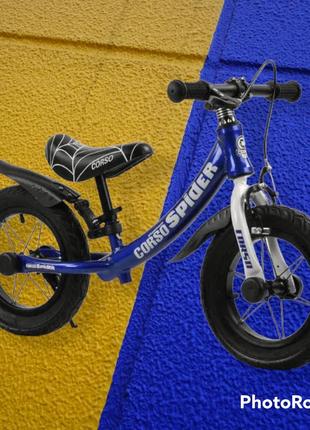 Велобег детский 12’’ с надувными колесами и алюминиевой рамой синий легкий велосипед для мальчика2 фото