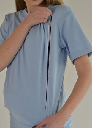 Голубая базовая футболка для беременных и кормящих 42-56 рр стильная женская футболка2 фото