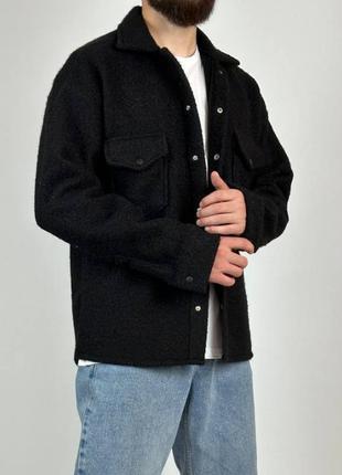 Рубашка мужская черная однотонная теплая на кнопках с карманами качественная стильная трендовая