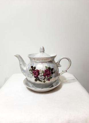Набір чайник для чаю + блюдце кераміка білий перламутровий троянди бузкові/білі + нюанс