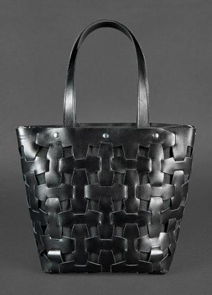 Кожаная плетеная женская сумка пазл l угольно-черная оригинальная сумка шоппер из натуральной кожи8 фото