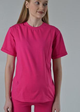 Розовая базовая футболка для беременных и кормящих 42-56рр яркая женская футболка3 фото