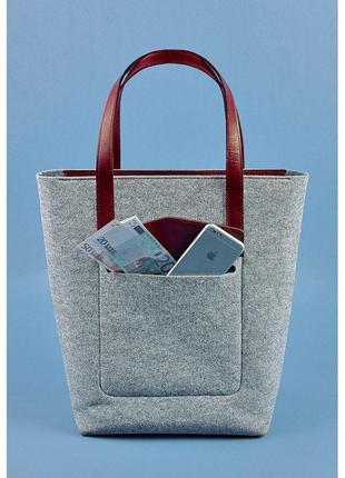Фетровая женская сумка шоппер d.d. с кожаными бордовыми вставками оригинальная сумка шоппер из эко-фетра3 фото