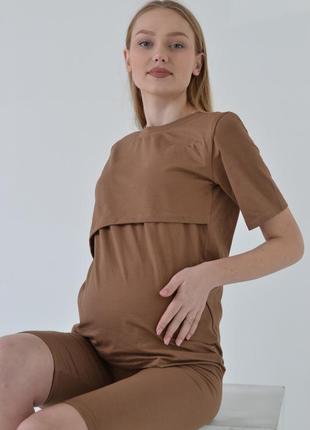Коричневый комплект базовый футболка и велосипедки для беременных и кормящих  42-567 фото