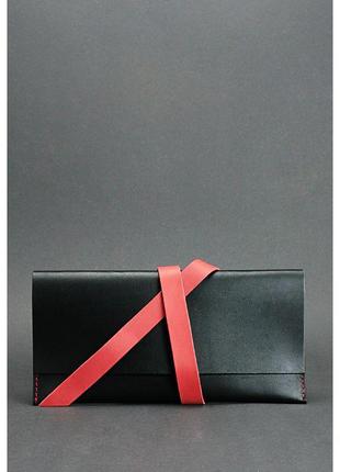 Кожаный женский тревел-кейс черный с красным удобный органайзер для документов в поездку холдер кожаный1 фото